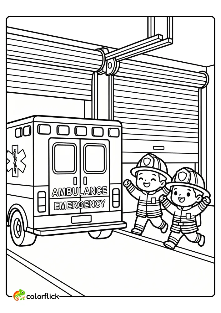 A printable coloring page for kids featuring two cheerful firefighters in full bunker gear standing near the rear of an 'AMBULANCE' with 'EMERGENCY' markings, in front of a fire station bay with rolling garage doors.