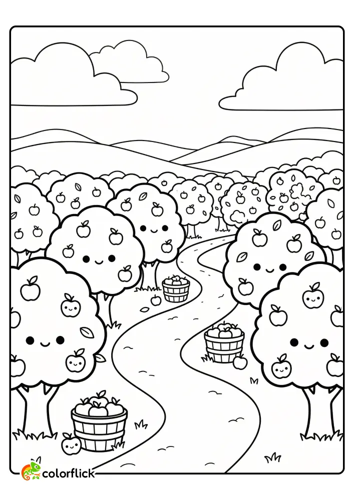 A wide-angle printable coloring page for kids showing an apple orchard with many trees, baskets full of apples, and a winding path.