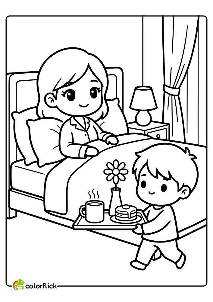 Heartwarming printable coloring page for kids featuring a sweet child bringing a breakfast tray with pancakes and coffee to their mother relaxing in bed.