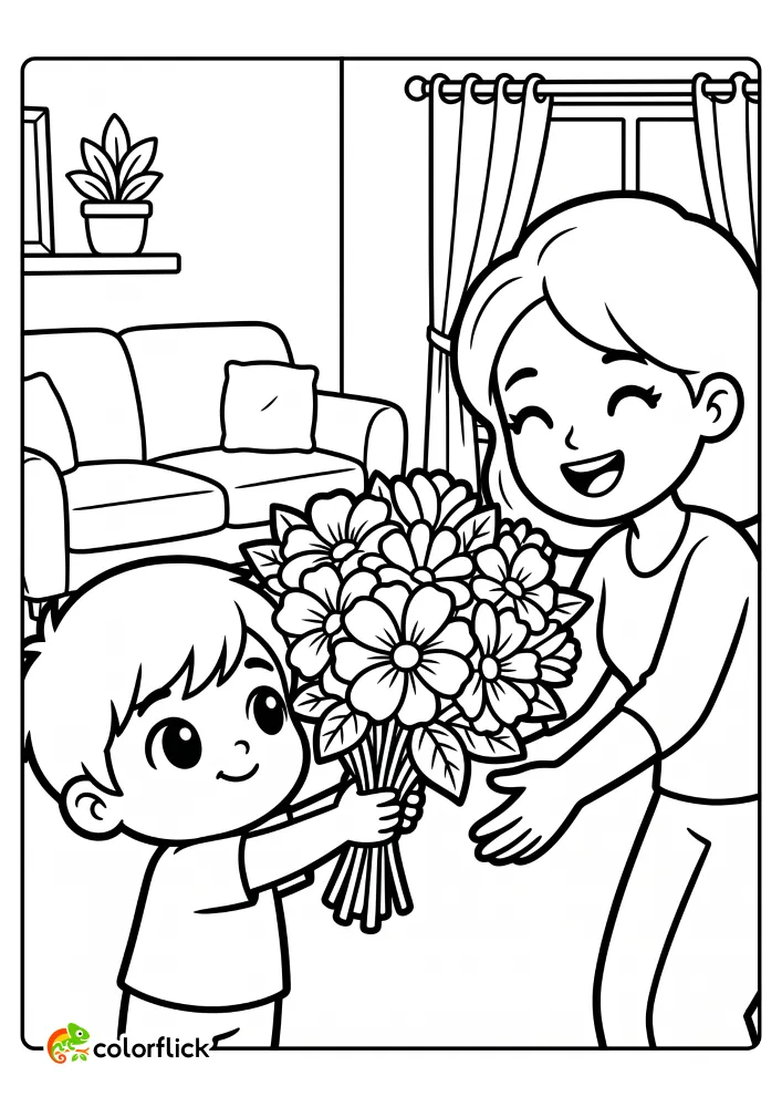 A heartwarming printable coloring page for kids showing a smiling child handing a large bouquet of flowers to their happy mother in a cozy living room setting.