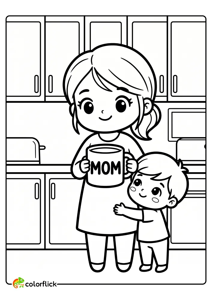A heartwarming free printable coloring sheet featuring a sweet child hugging their mother's waist while she smiles and holds a large mug reading MOM in a cozy kitchen setting.