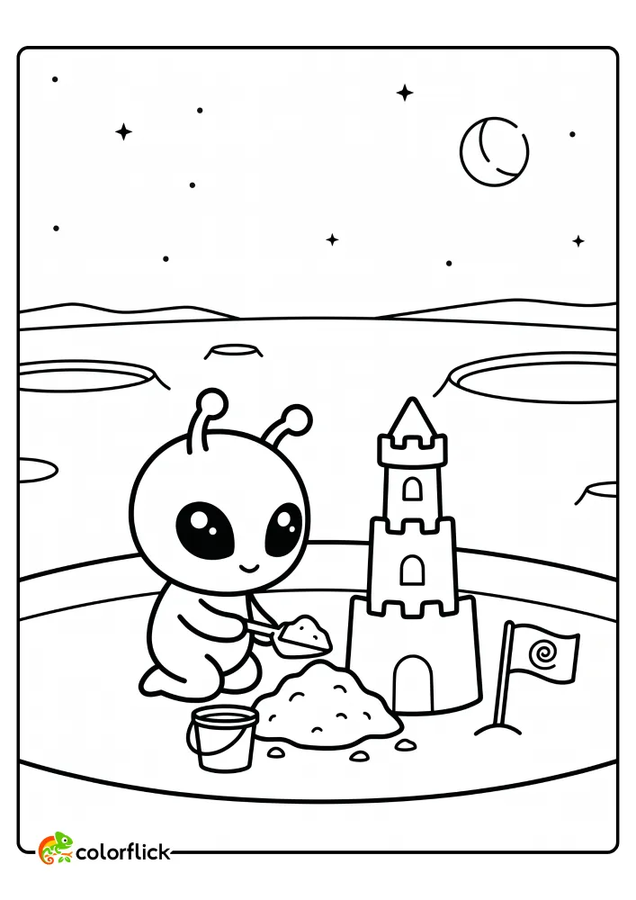 An adorable chibi alien building a large moon dust castle with a bucket and shovel on a cratered surface in this free printable coloring sheet.