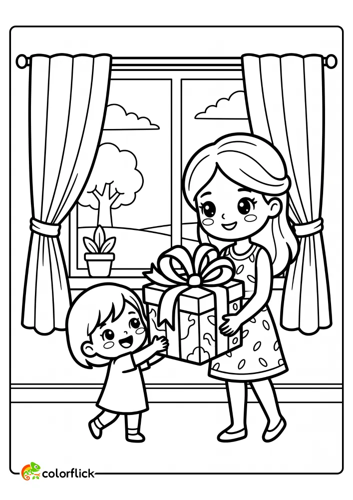 A heartwarming free printable coloring sheet showing a child handing a large wrapped gift box with a massive bow to a happy mother standing near a window with tied curtains.