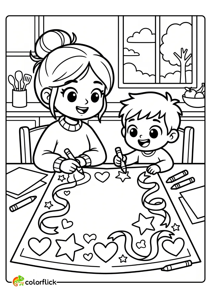 A simple printable coloring page for kids featuring a mother and child sitting at a kitchen table and happily drawing on a giant greeting card decorated with large hearts, stars, and curling ribbons.