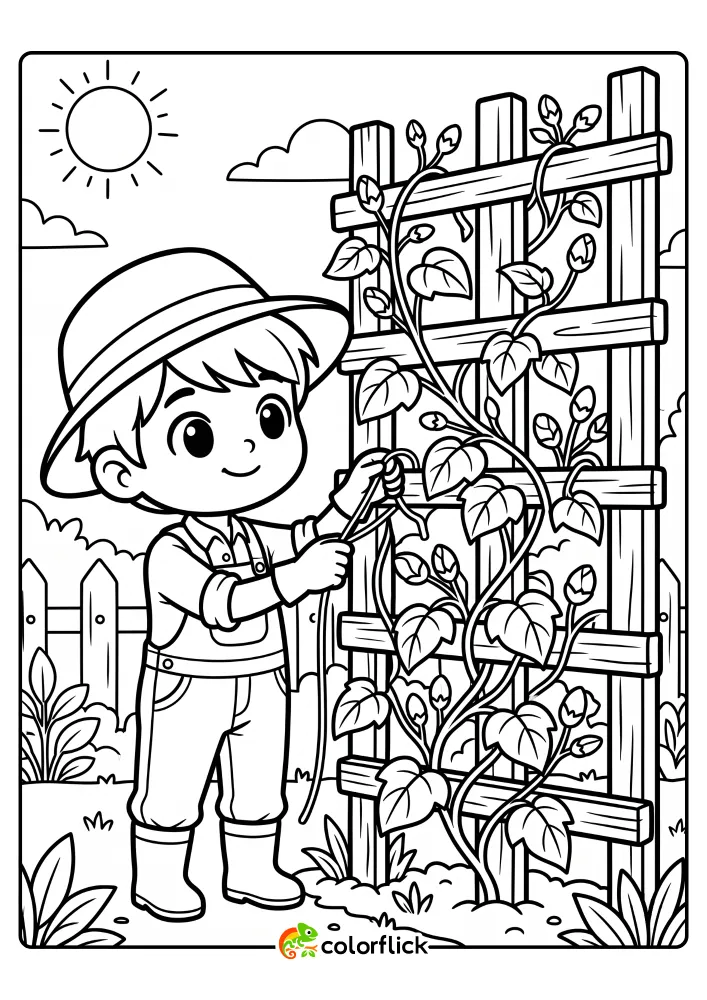 A printable coloring page for kids showing a cute young gardener tying green climbing vines with leaves and buds to a tall wooden trellis using a thin string.