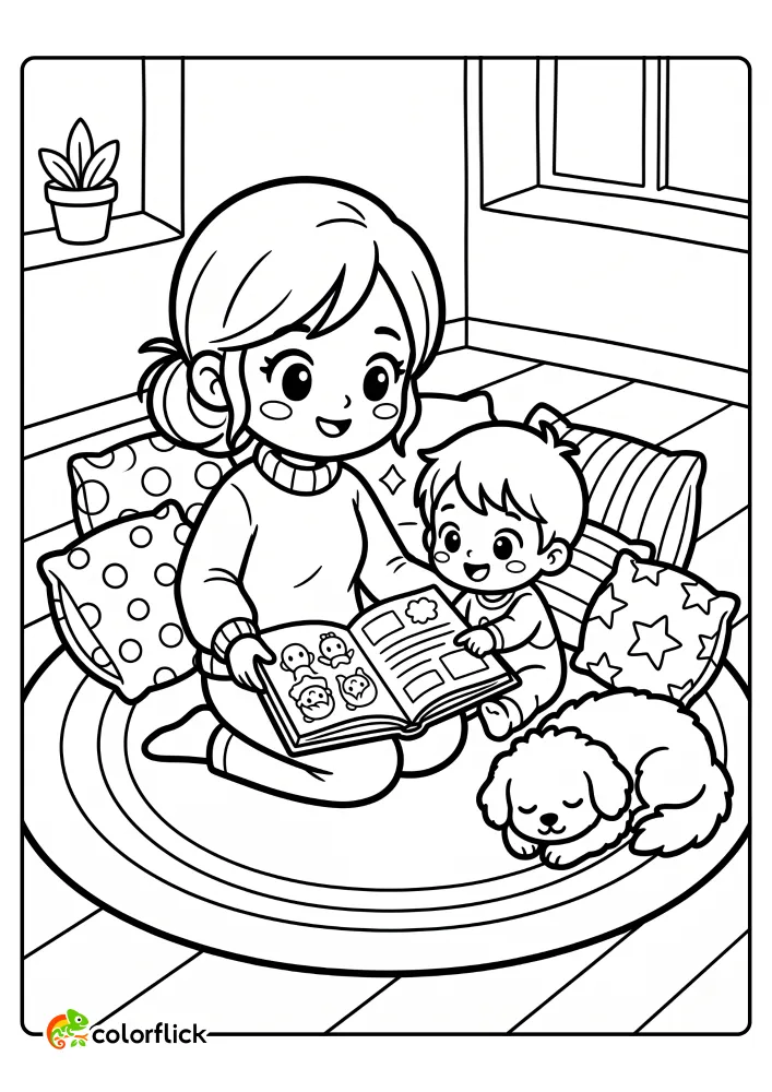 A heartwarming free printable coloring sheet featuring a mother and child reading a storybook together on a cozy round rug next to a sleeping fluffy dog.