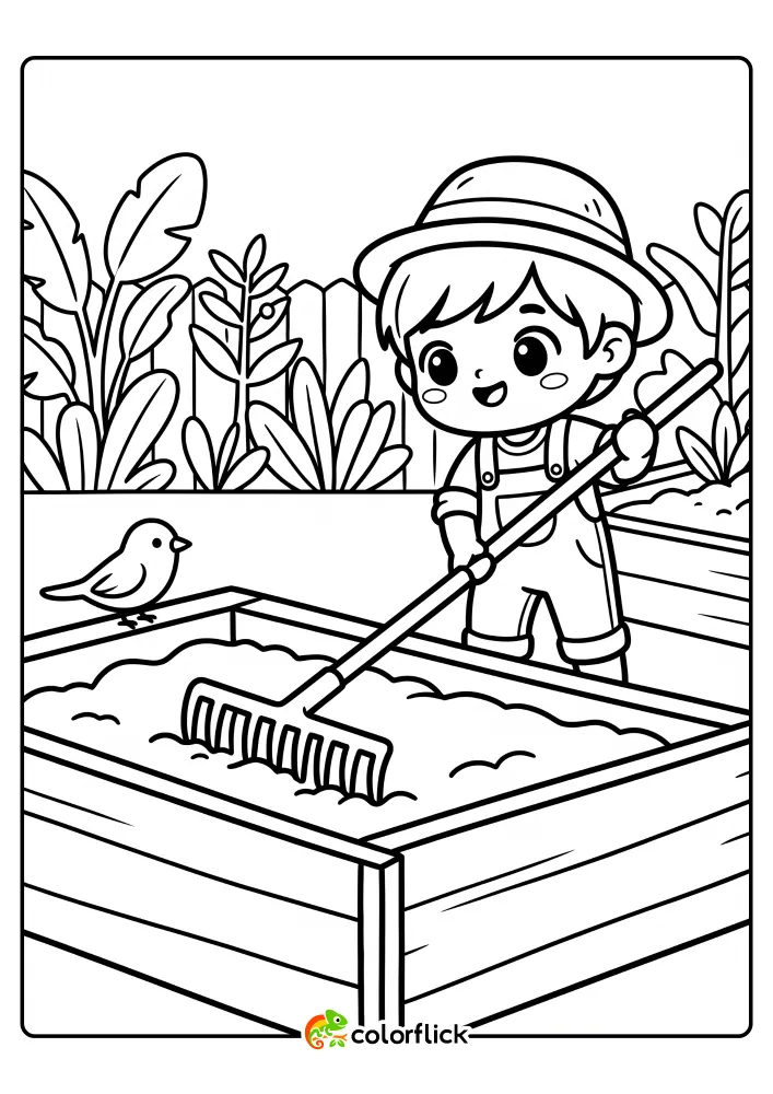 A simple black and white line art drawing of a young boy wearing a hat and overalls using a large rake to smooth out soil in a raised wooden garden bed, a printable coloring page for kids.