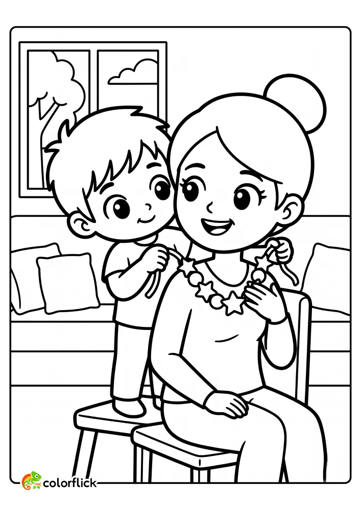 A heartwarming free printable coloring sheet showing a child standing on a stool tying a handmade necklace made of large star and circle beads around their warmly smiling mother's neck.