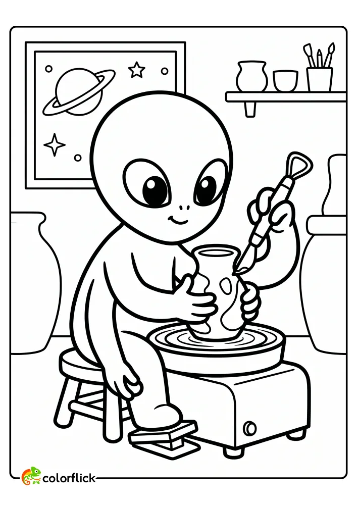 A friendly alien artist shaping a clay vase on a potter's wheel inside a space-themed pottery studio, free printable coloring sheet.