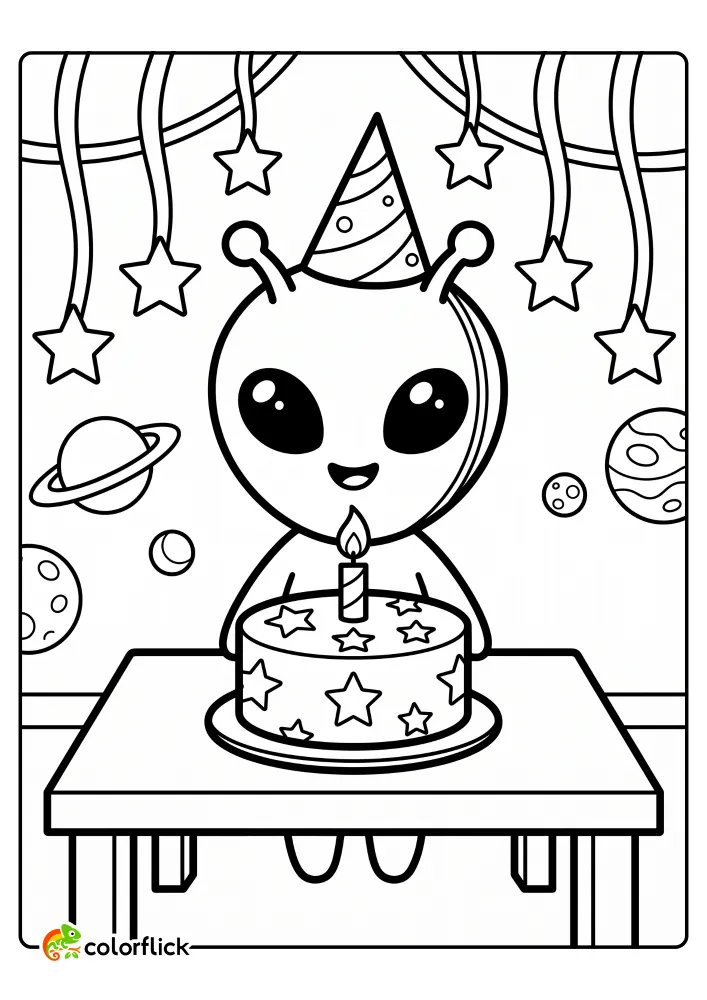 A cute alien wearing a party hat celebrating with a star-covered birthday cake in this fun free printable coloring sheet.