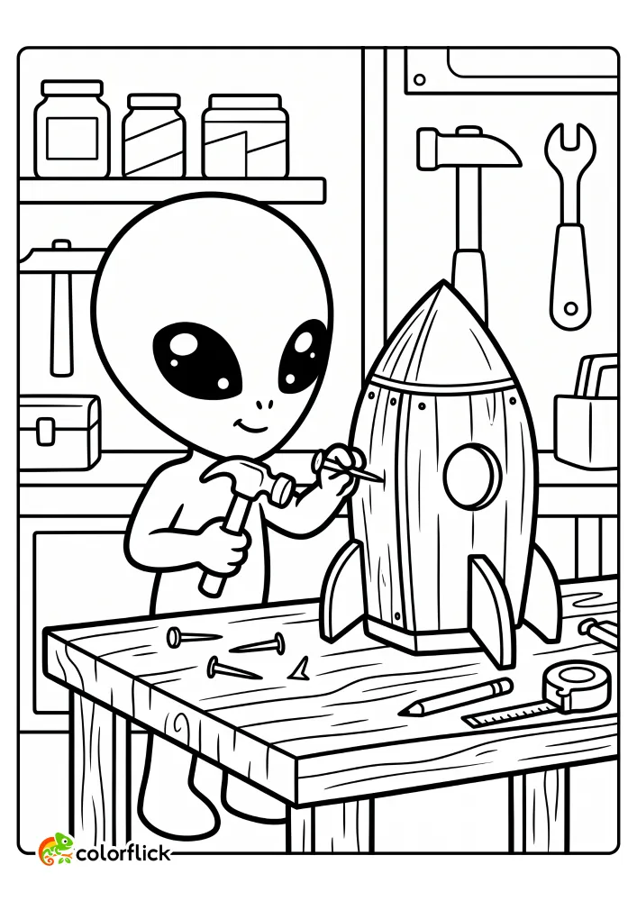 A free printable coloring page for kids featuring a cute alien using a hammer and nails to build a rocket-shaped birdhouse on a workshop workbench.