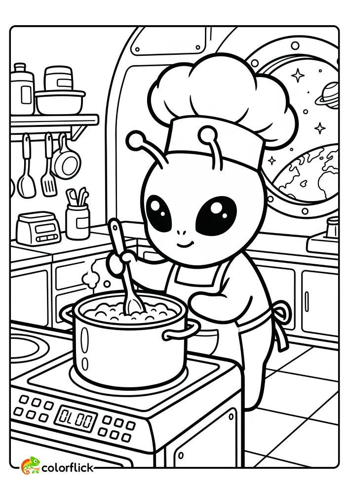 A cute alien chef wearing a tall hat and apron stirs a bubbling pot on a futuristic stove inside a space station kitchen in this free printable coloring sheet for kids.