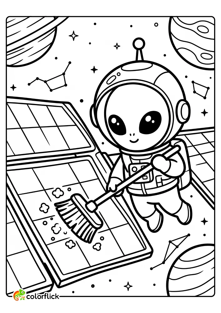 A free printable coloring sheet showing a cute alien in a spacesuit using a large brush to sweep cosmic dust off solar panels in outer space surrounded by planets and stars.