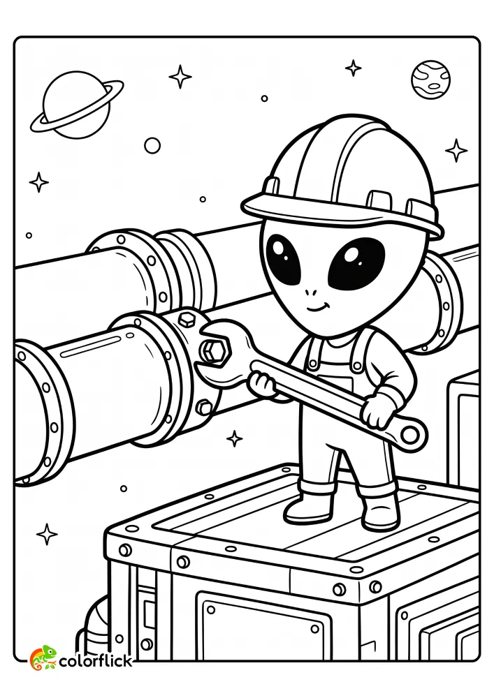 A cute alien wearing a hard hat and using a large wrench to fix space pipes in this fun free printable coloring sheet for kids.
