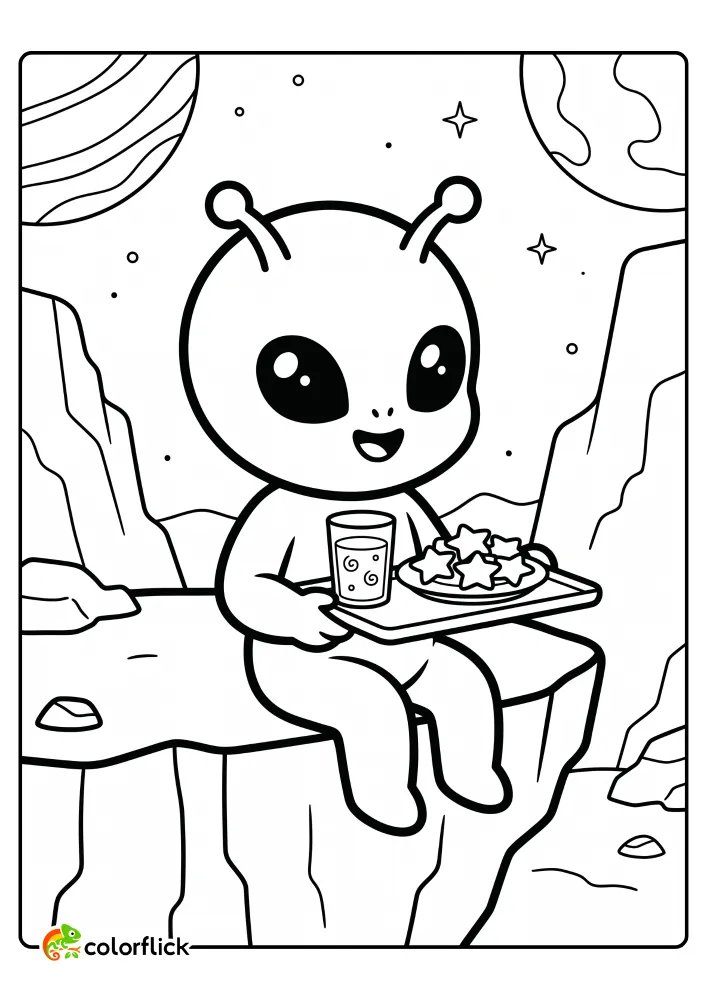 A friendly alien sitting on a rocky planet ledge holding a tray with space juice and star-shaped cookies in this free printable coloring sheet.