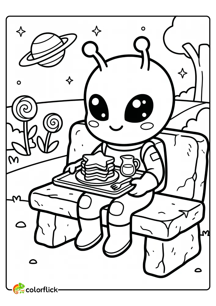 A cute alien sitting on a stone bench in a space garden eating a stack of star-shaped pancakes for this printable coloring page for kids.