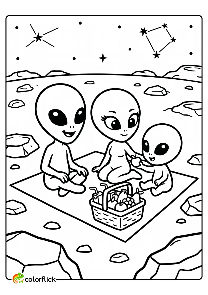 A free printable coloring sheet featuring a cute alien family having a picnic on a rocky asteroid with a basket full of fruit and juice under a starry sky.