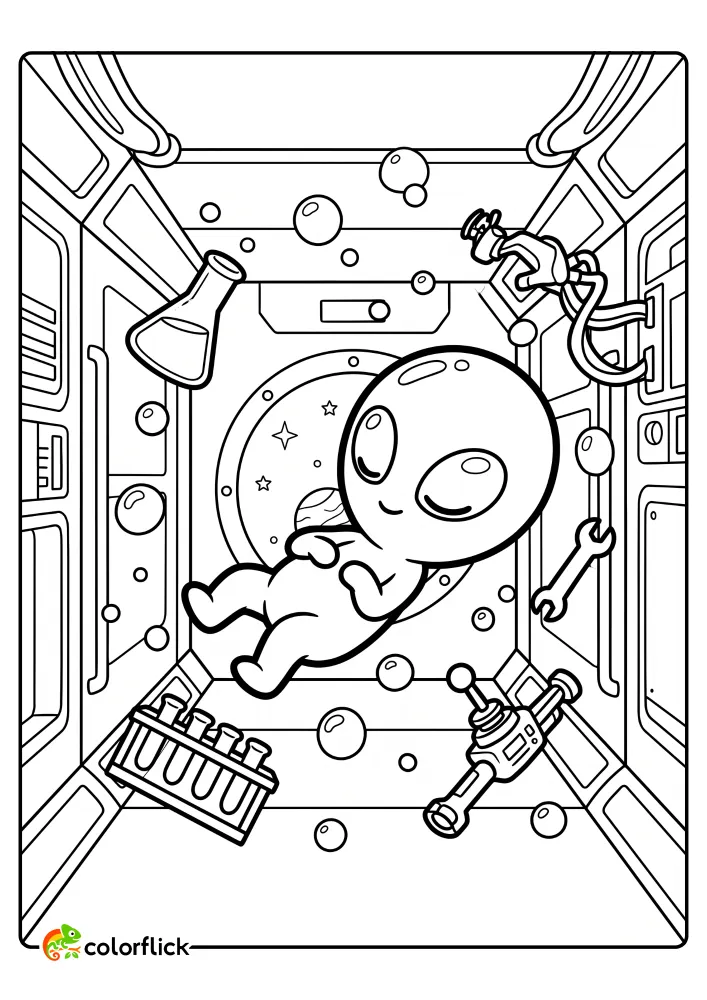 A free printable coloring sheet featuring a cute alien floating inside a space station surrounded by floating water bubbles and science tools, perfect for kids who love astronomy.