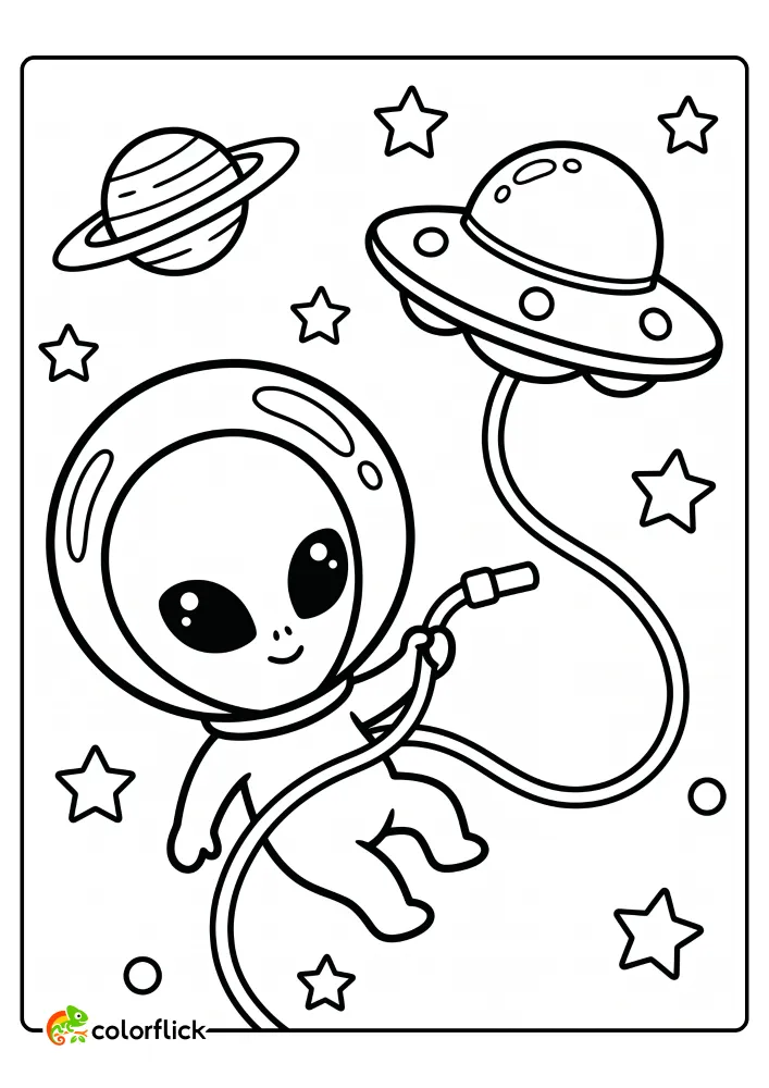 A cute alien in a spacesuit holding a tether connected to a UFO in outer space in this fun free printable coloring sheet.