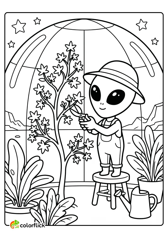 A cute alien gardener using clippers to prune a star-shaped leaf plant inside a space greenhouse in this free printable coloring sheet.