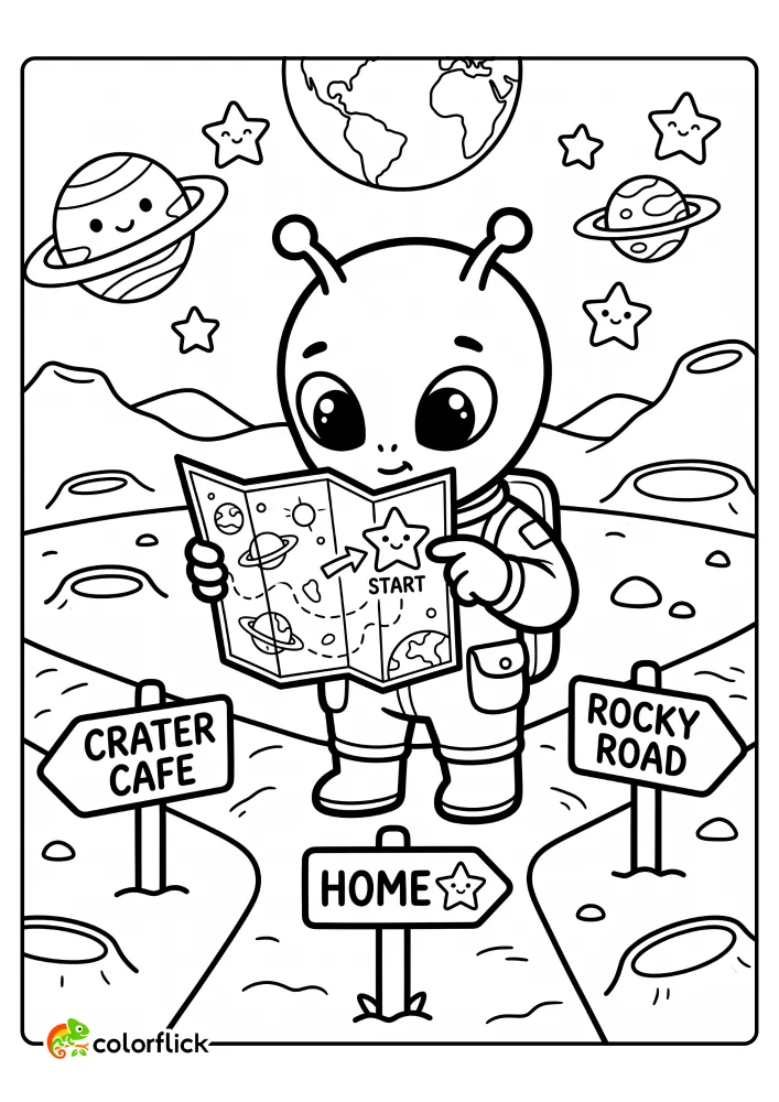 A cute alien standing at a lunar crossroads holding a paper space map and pointing at a star destination in this printable coloring page for kids.