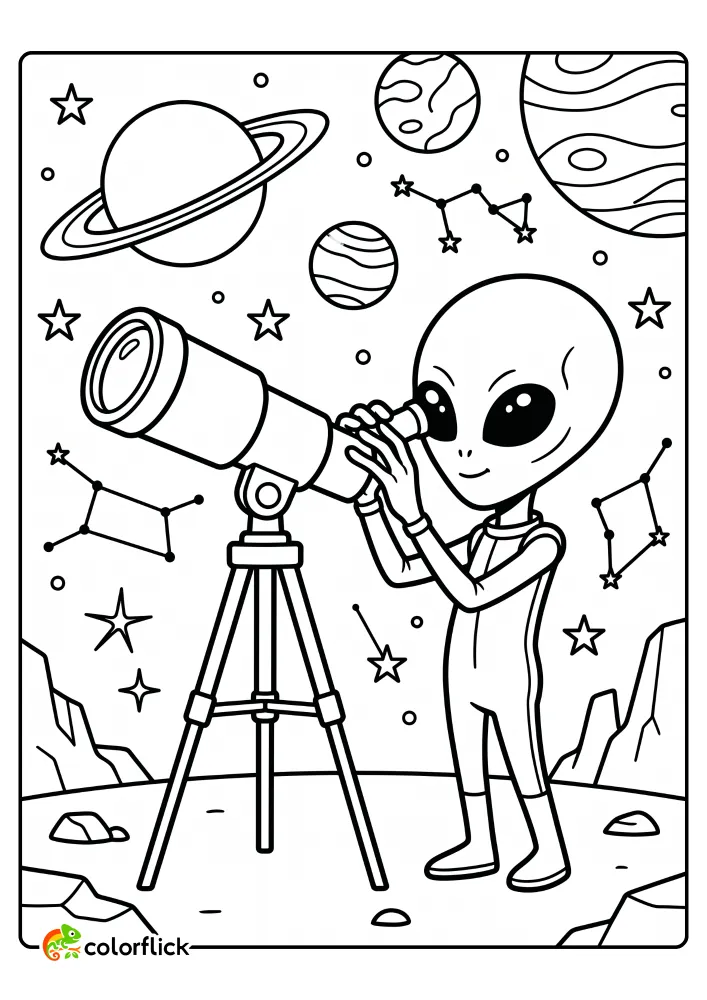 A free printable coloring sheet featuring a tall alien standing on a moon crater looking through a large tripod telescope at planets and stars, perfect for space-loving kids.