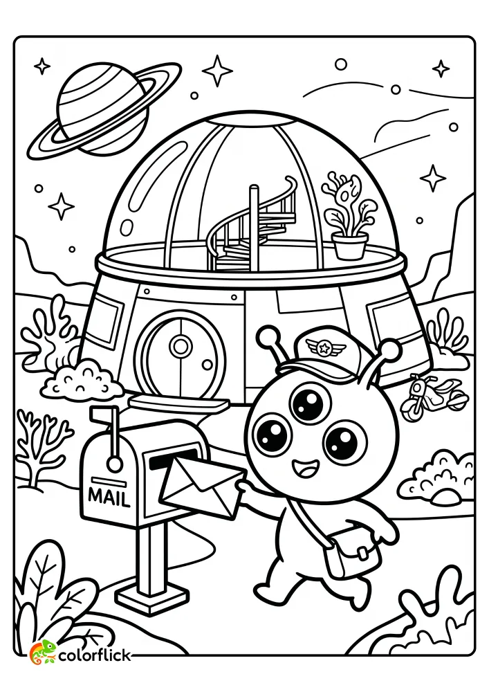 A free printable coloring sheet featuring a cute three-eyed alien mail carrier in a uniform cap delivering an envelope to a mailbox in front of a futuristic dome house on another planet.