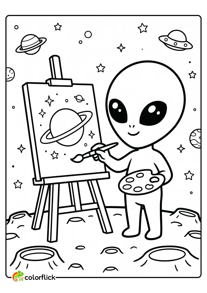 An alien holding a paintbrush and palette while painting a ringed planet on an easel in this free printable coloring sheet.