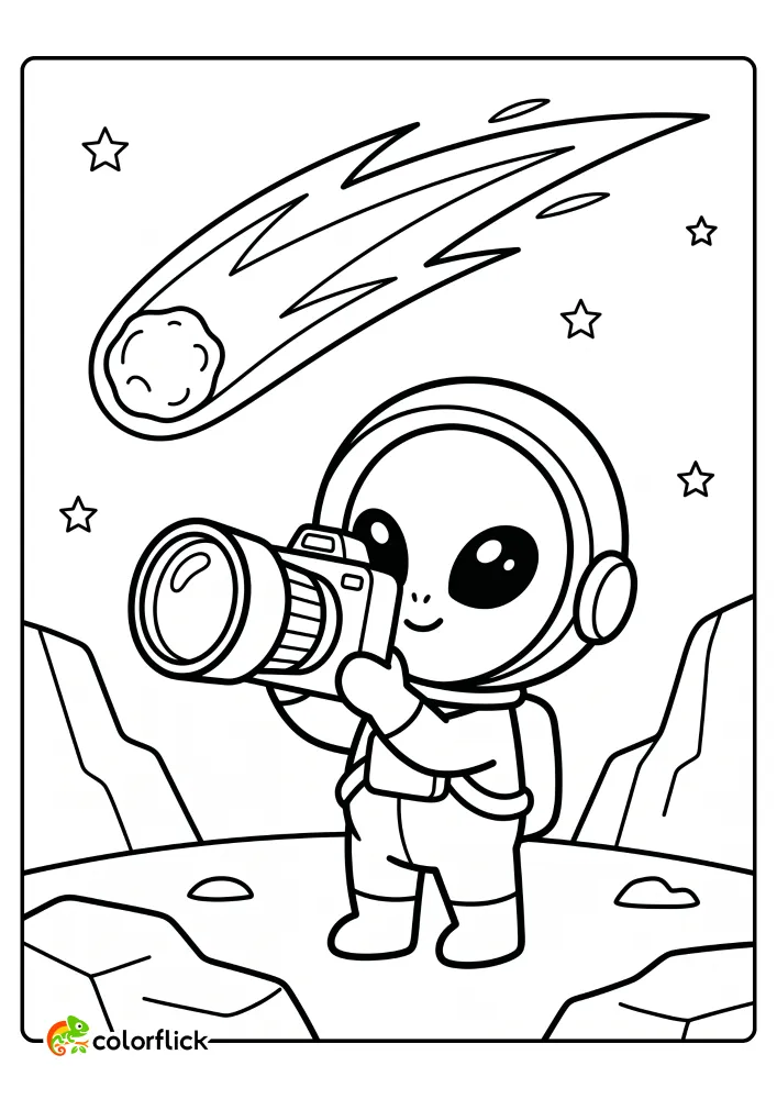 A free printable coloring sheet featuring an alien in a spacesuit holding a large camera to photograph a spectacular comet passing through the starry sky, perfect for kids.