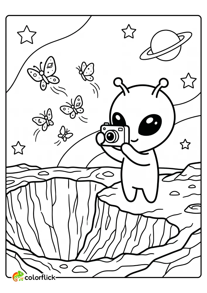 A cute alien using a camera to take pictures of magical floating butterflies near a deep space crater in this free printable coloring sheet.