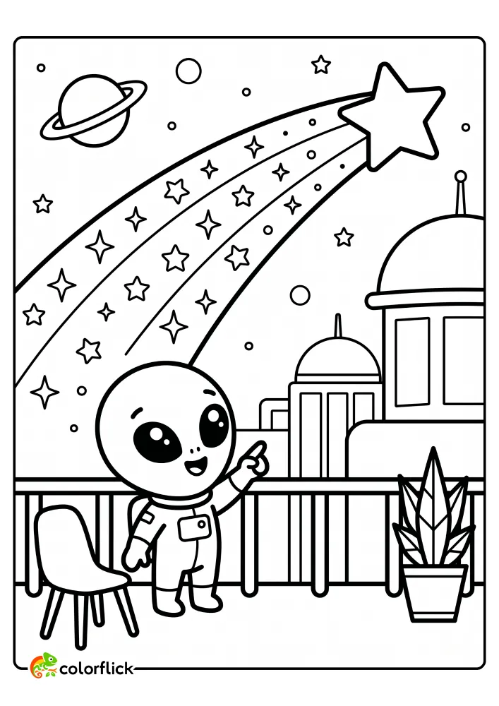 A happy chibi alien standing on a balcony pointing at a giant shooting star with a sparkling tail in this printable coloring page for kids.