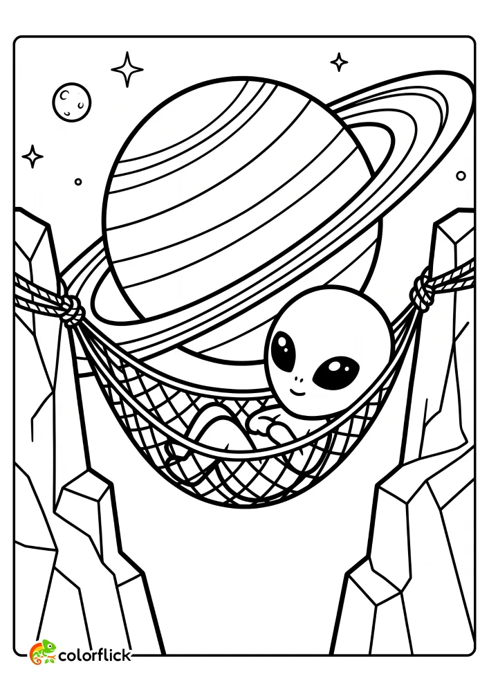 A free printable coloring sheet for kids featuring a cute alien relaxing in a mesh hammock tied between jagged rocks on a distant planet, with a giant ringed planet and stars in the background.