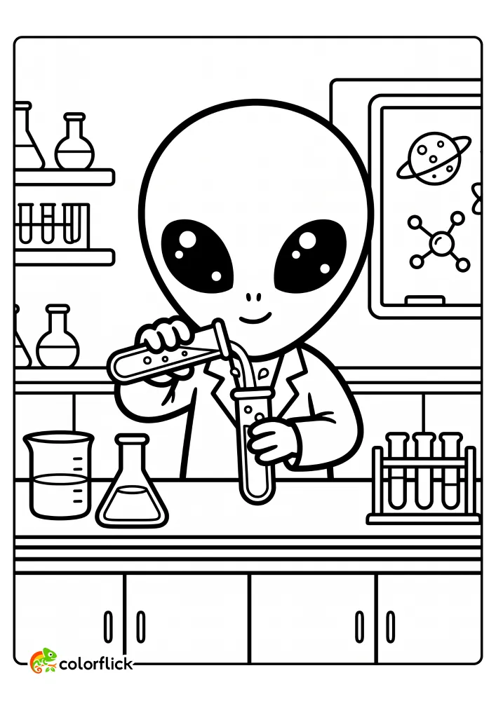 A cute chibi alien scientist in a lab coat carefully pouring a bubbly solution from one glass test tube into another inside a science laboratory in this free printable coloring sheet.