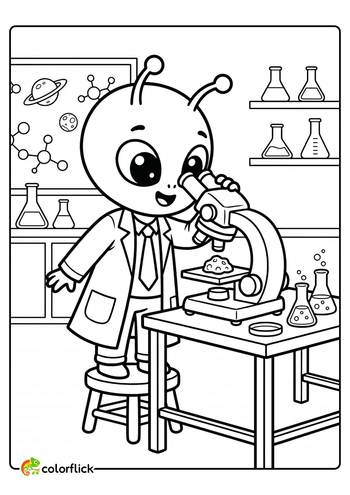 A cute alien scientist in a lab coat looking through a microscope at a moon rock in this fun free printable coloring sheet.
