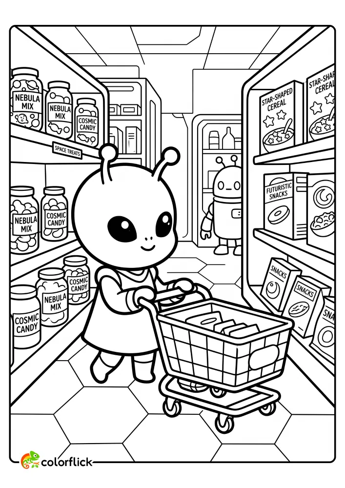 A cute alien pushing a shopping cart through an aisle of star-shaped cereal and space treats in this free printable coloring sheet.