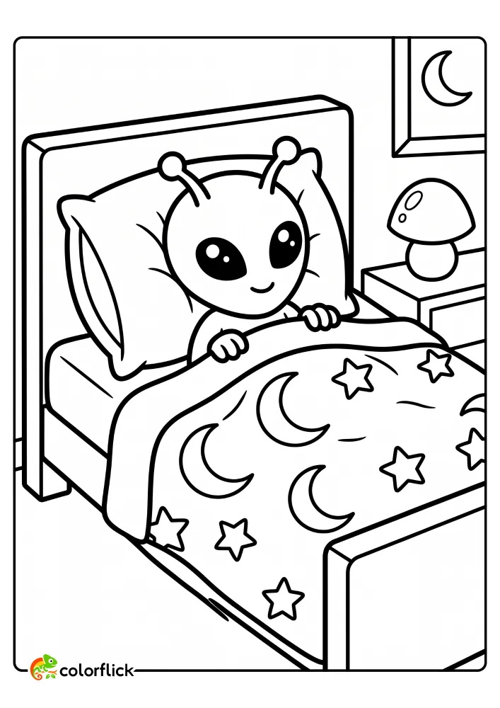 A cute chibi alien tucked into bed with a star and moon patterned blanket in this printable coloring page for kids.