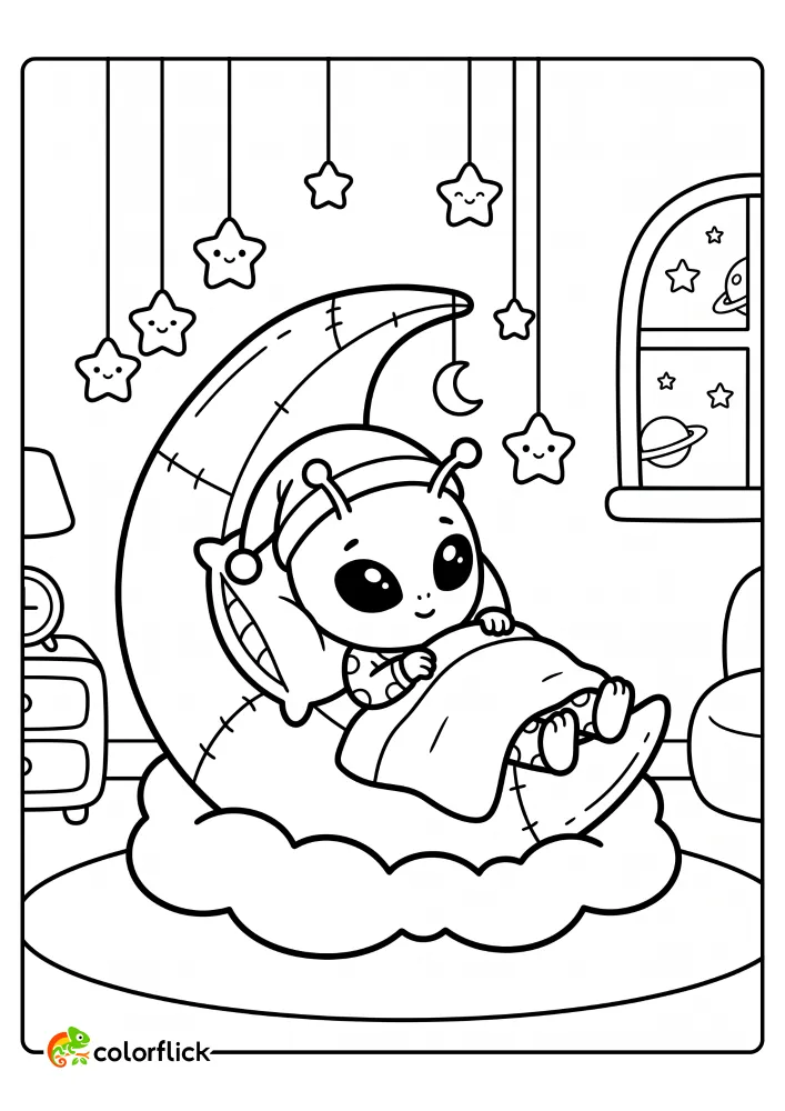 A cute alien wearing pajamas tucked into a crescent moon bed under hanging stars in this free printable coloring sheet.