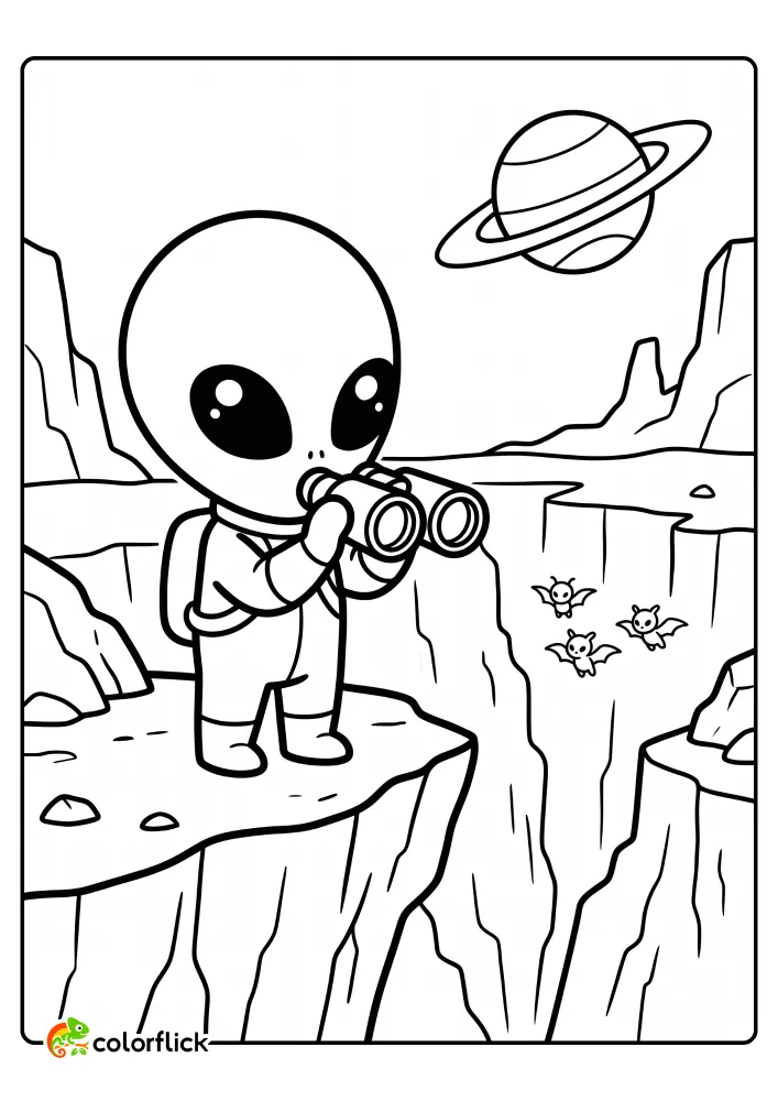A cute alien explorer looking through binoculars at winged creatures flying over a deep space canyon in this free printable coloring sheet.