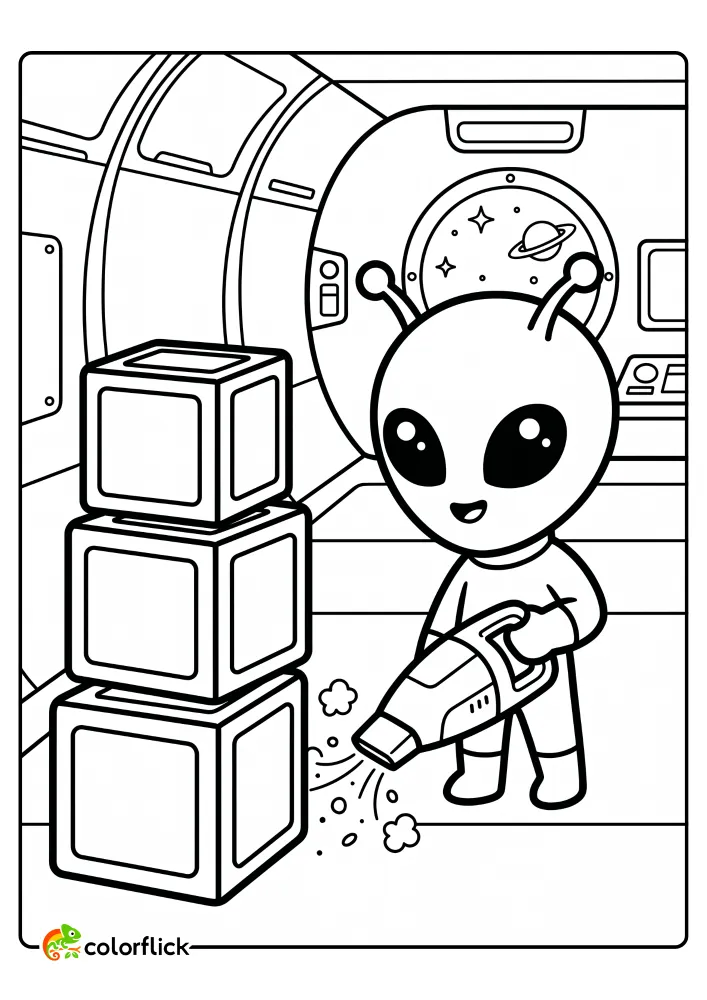 A free printable coloring sheet featuring a cute space alien using a handheld vacuum to clean up floating particles in zero gravity inside a space station corridor with storage crates.