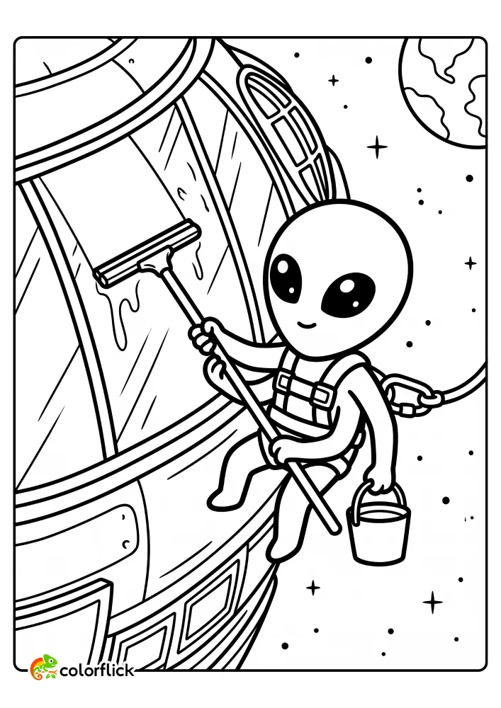 A cute alien window cleaner wearing a safety harness and using a squeegee on a space station window in this free printable coloring sheet.