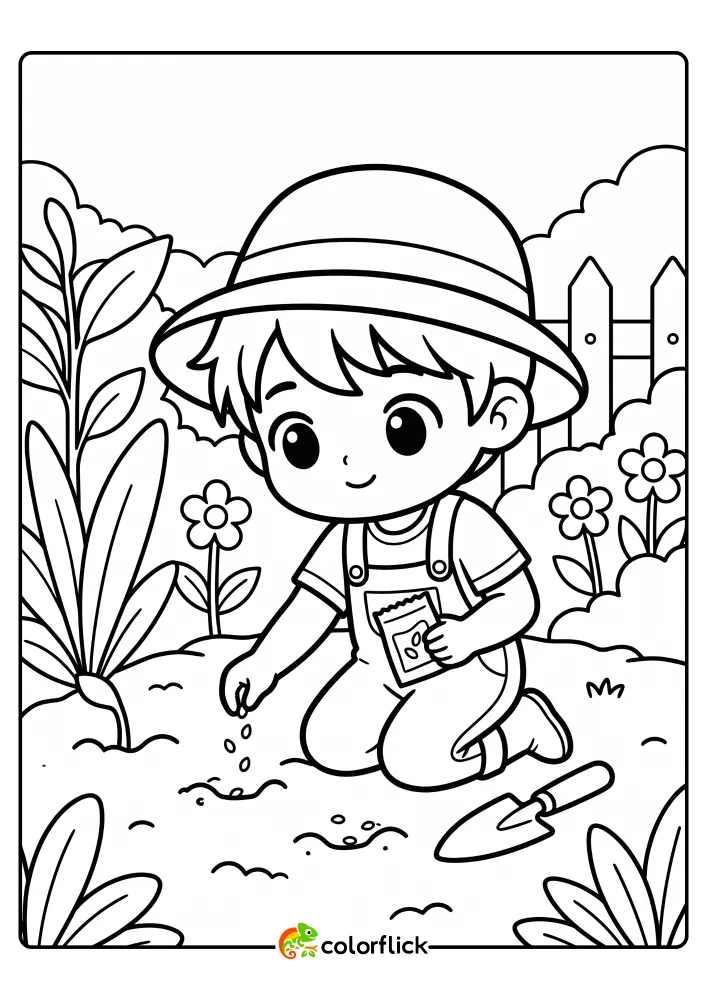 A black and white printable coloring page for kids showing a cute boy in a hat kneeling in a garden and planting seeds from a packet.