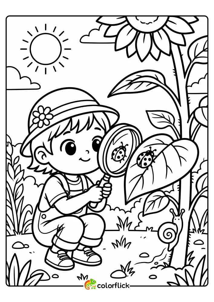 A black and white printable coloring page for kids showing a young child using a magnifying glass to closely observe a beetle on a large sunflower leaf, with a snail crawling on the stem below.