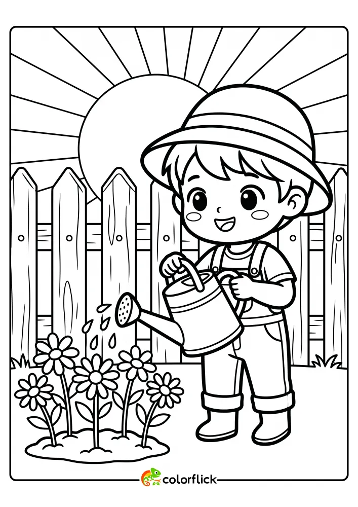 A black and white printable coloring page for kids showing a happy child in a garden watering daisy flowers with a small watering can near a wooden fence and sun.