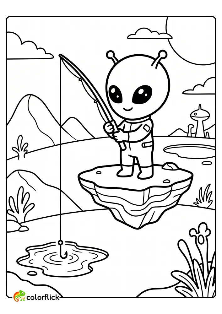 A free printable coloring sheet for kids featuring a cute alien standing on a floating rock and using a fishing rod in a strange liquid pool on a foreign planet surface with unusual plants and a large moon in the background.