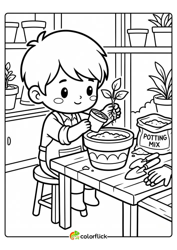 A free printable coloring sheet for kids featuring a young gardener sitting at a wooden workbench transferring a small plant into a large clay pot next to a bag of potting mix.