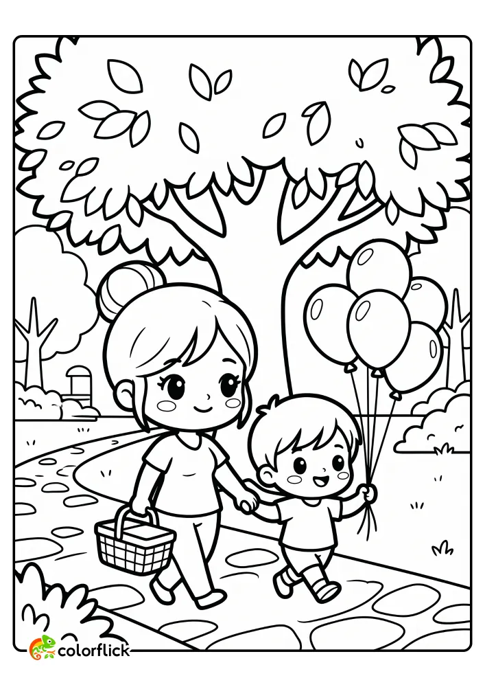 A beautiful free printable coloring sheet showing a mother and child walking hand-in-hand on a paved park path, holding round balloons and carrying a woven picnic basket under a large leafy tree.