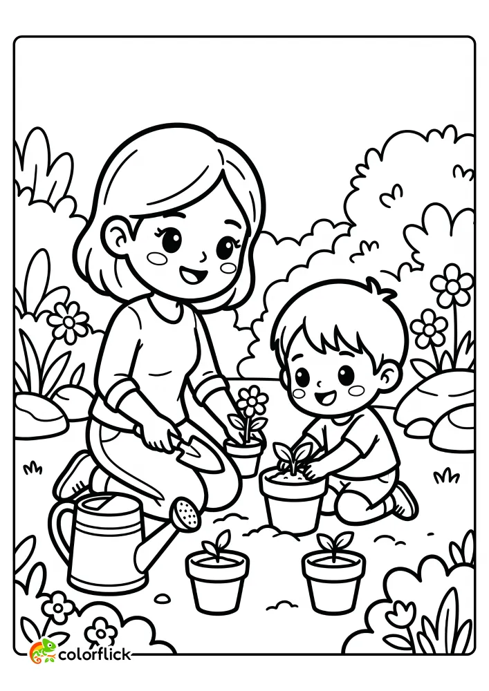 A sweet printable coloring page for kids showing a mother and a child kneeling in an outdoor garden, carefully planting small flower sprouts into pots with a hand trowel and a large watering can resting nearby.
