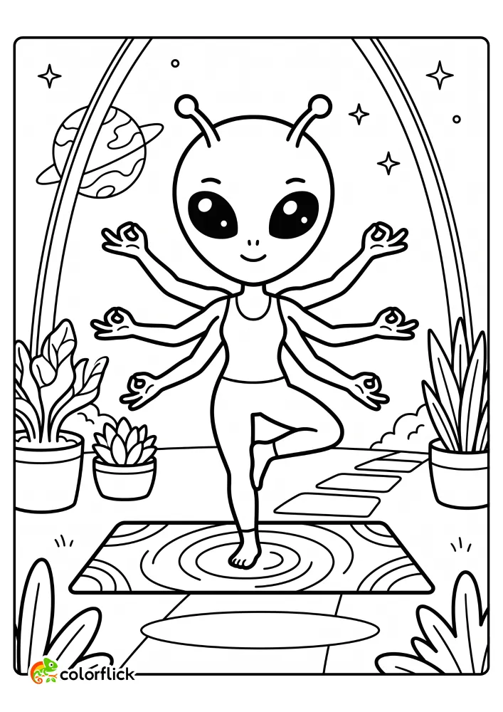 A calm alien yoga instructor with multiple arms balancing on one leg in a cosmic garden for this printable coloring page for kids.