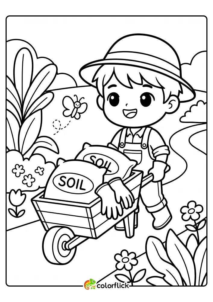A smiling young boy gardener pushing a wooden wheelbarrow filled with soil bags and gloves in a garden, printable coloring page for kids.