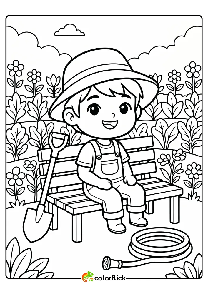 A happy young gardener resting on a wooden bench next to a shovel and a coiled watering hose, free printable coloring sheet.